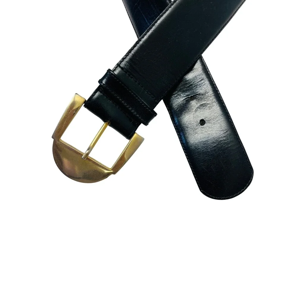 Echo Leather Belt Womens L Black Gold Buckle Classic Italy Vintage Style Chic